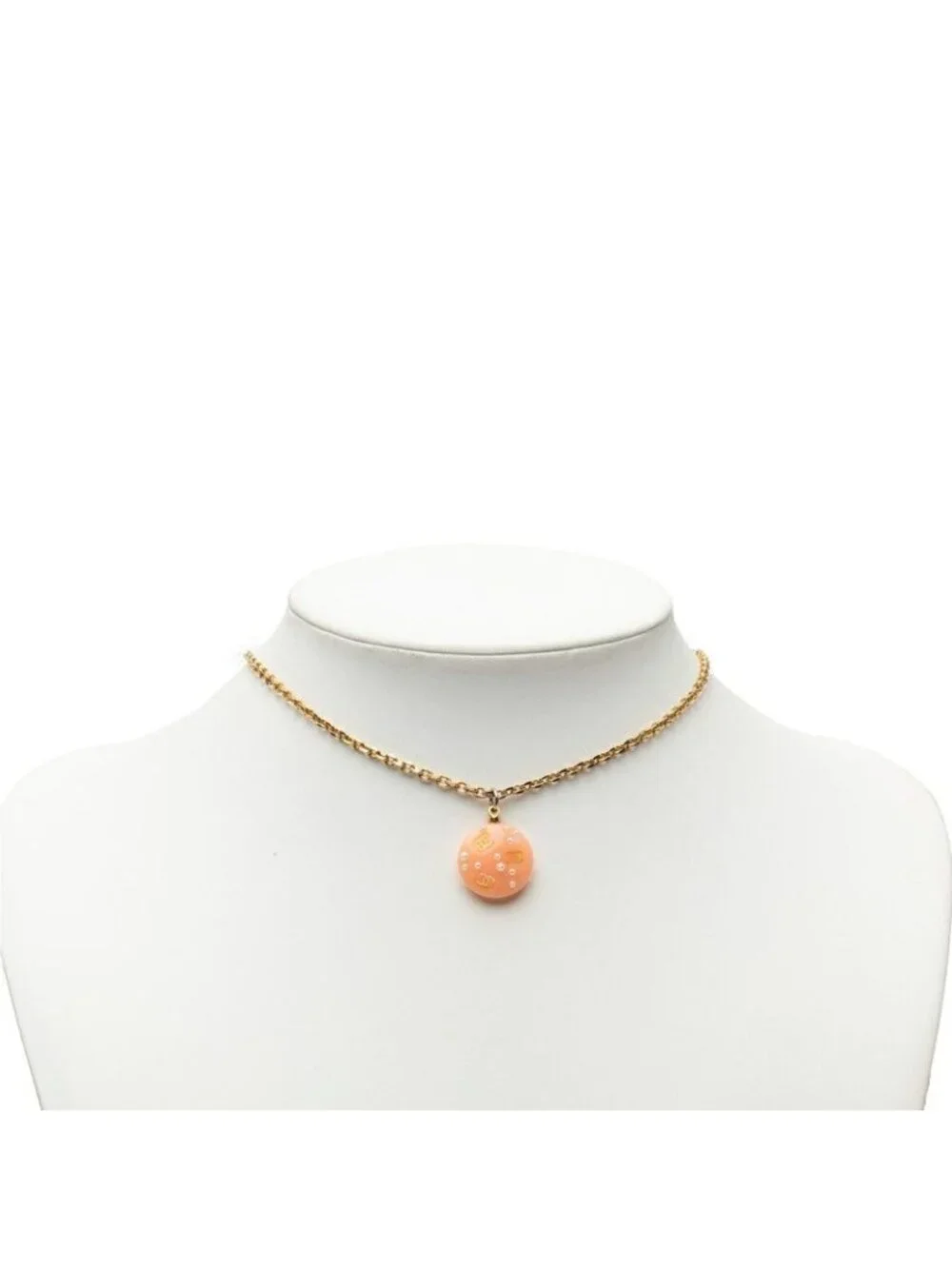 Chanel CC Logo Chain Necklace Orange Gold Plastic Faux Pearl Plated